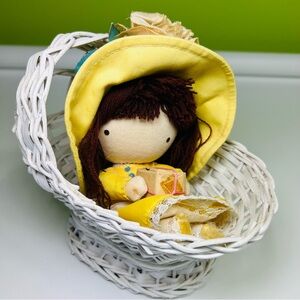 Joan Walsh 1975 Anglund Pocket Doll "Birthday Girl" with woven basket